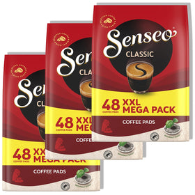 Senseo Classic Medium Roast pods in a 144-pack for convenient home brewing.
