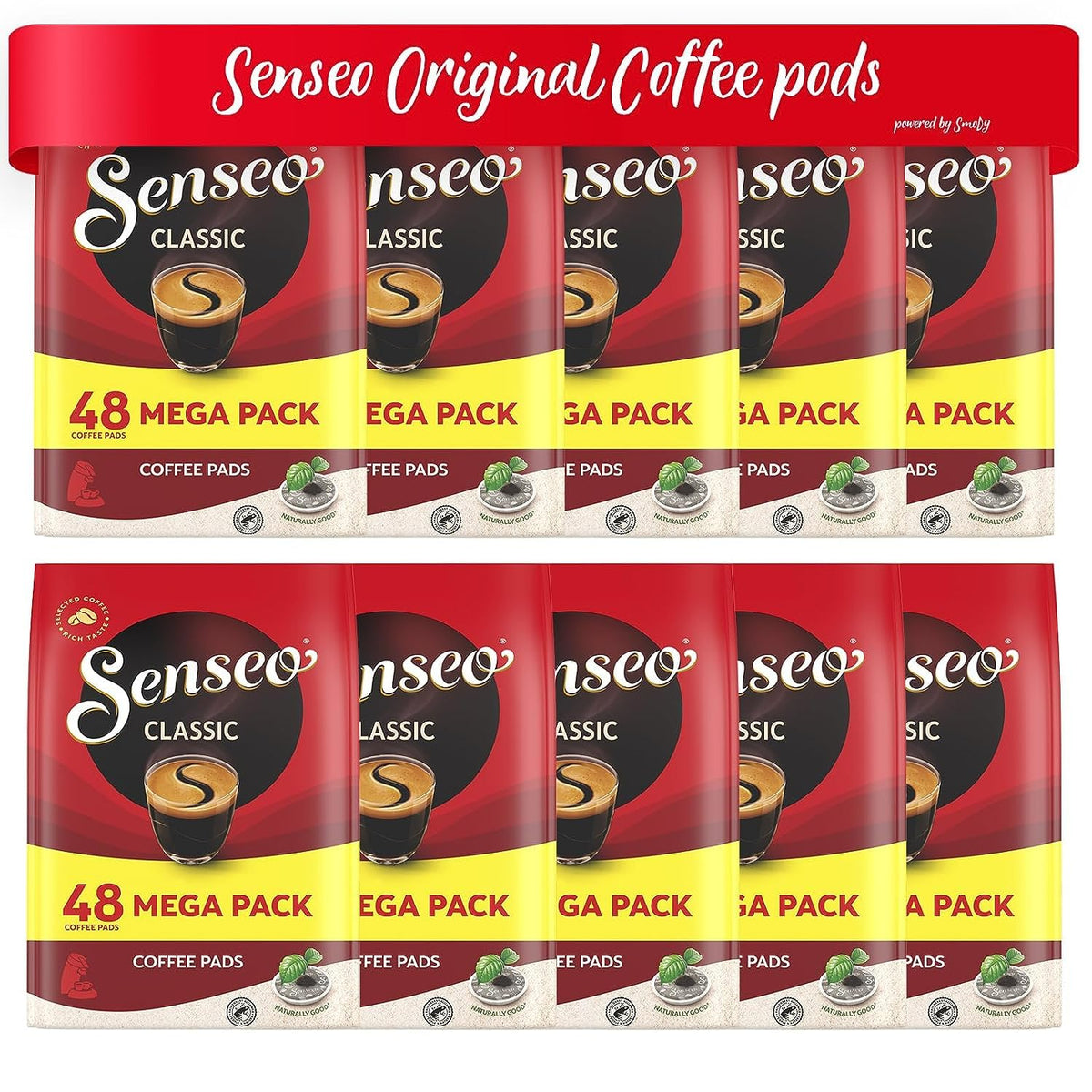 Senseo Classic Medium Roast pods packaging shows a 480-count box for convenient storage.
