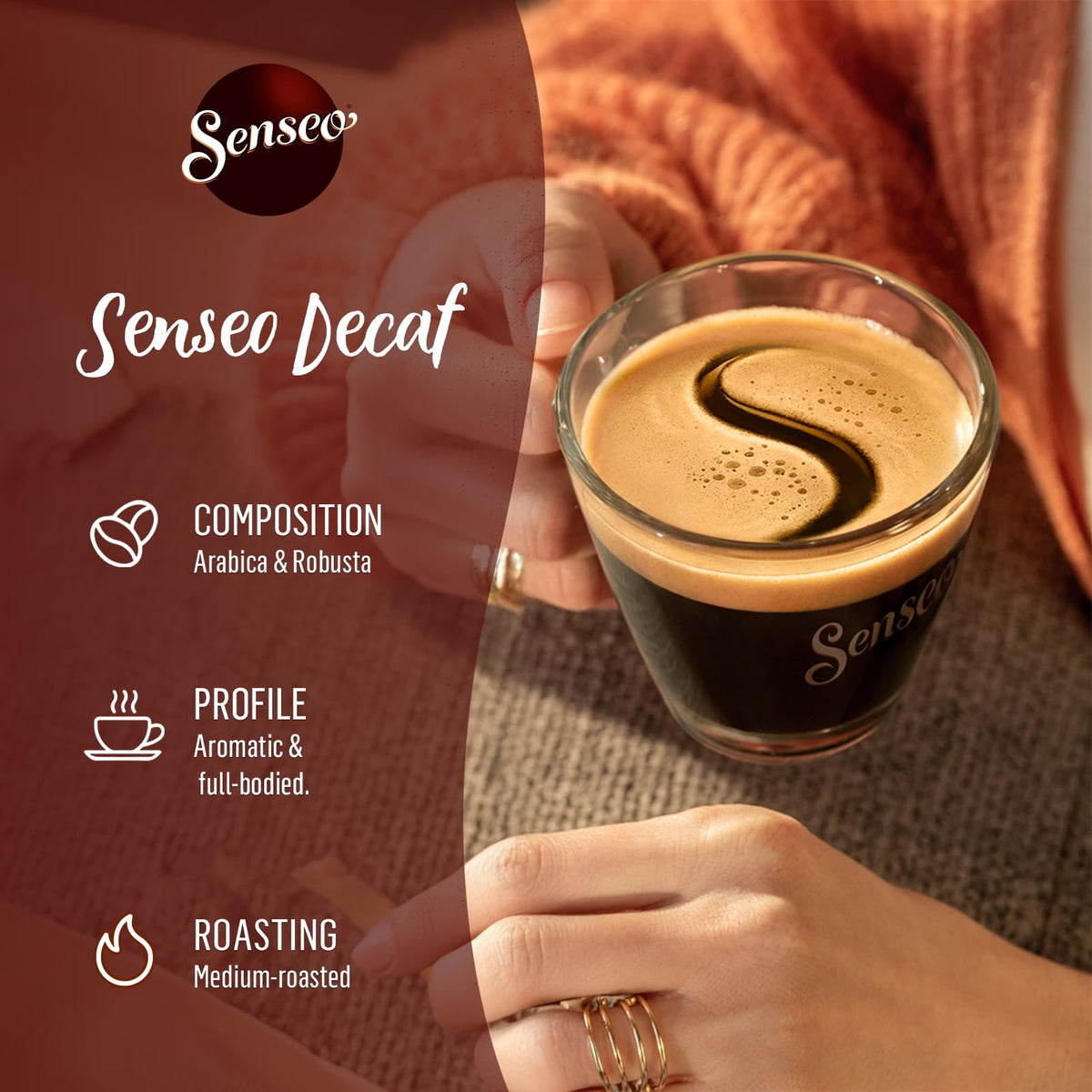 Senseo decaf coffee pods crema close-up highlighting smooth crema