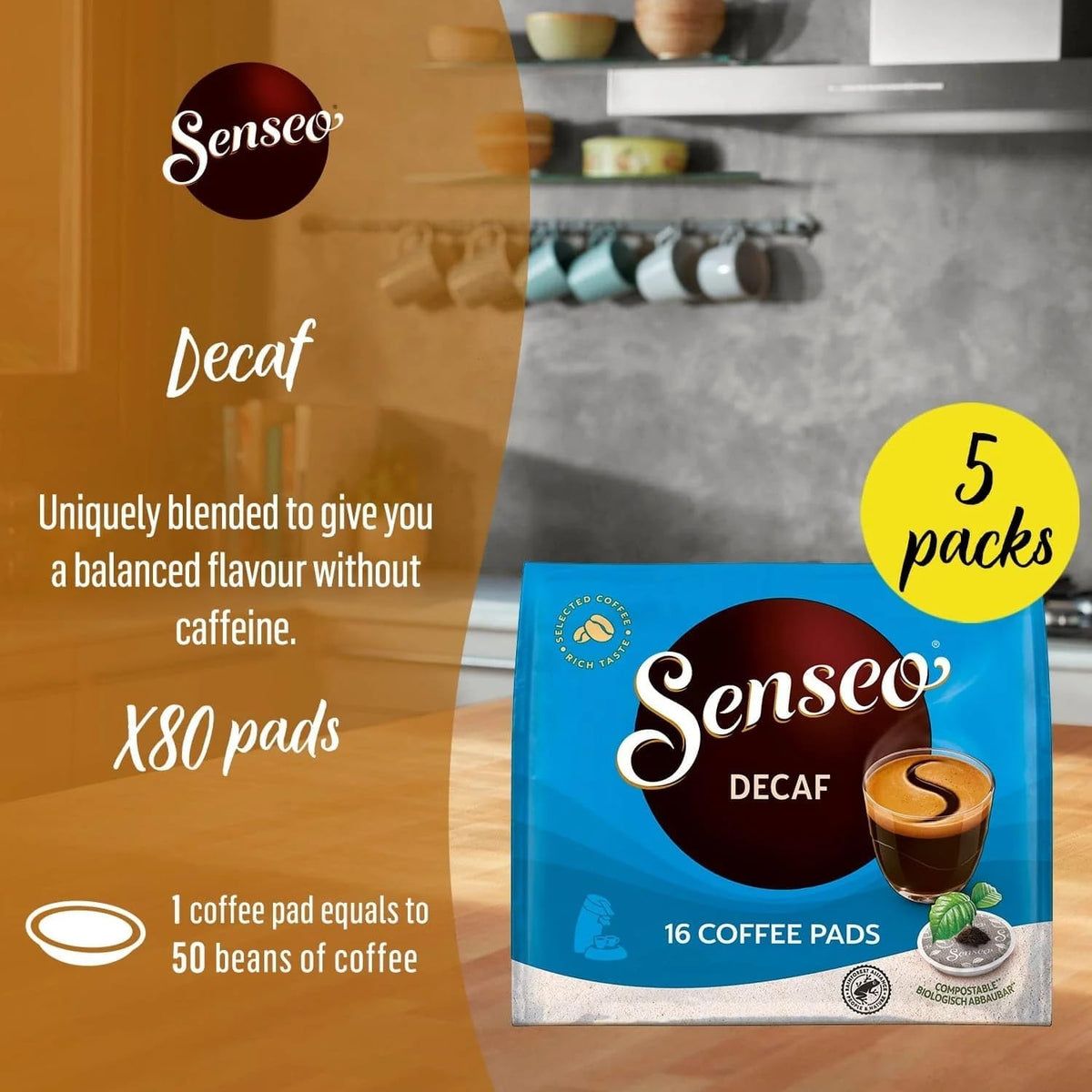 Senseo decaf coffee pods outer packaging showing bag arrangement for easy storage