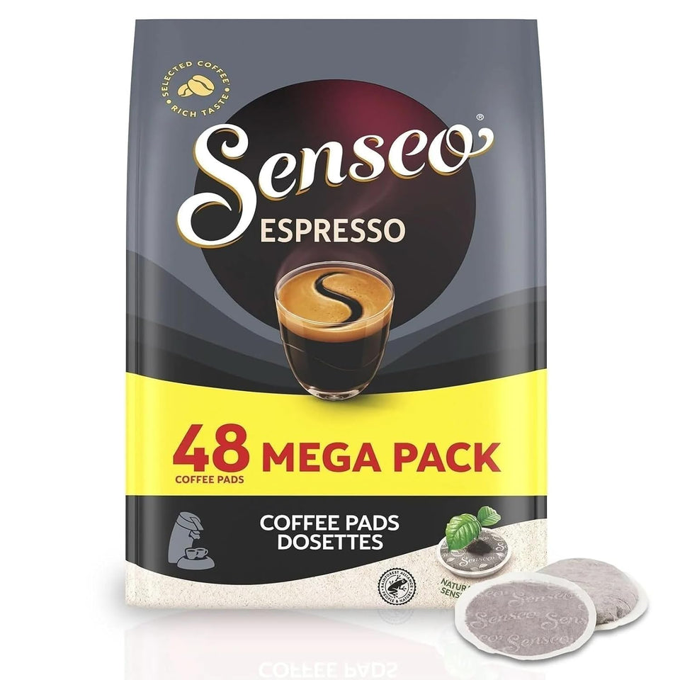 Senseo espresso pods showing bold dark roast with rich crema.