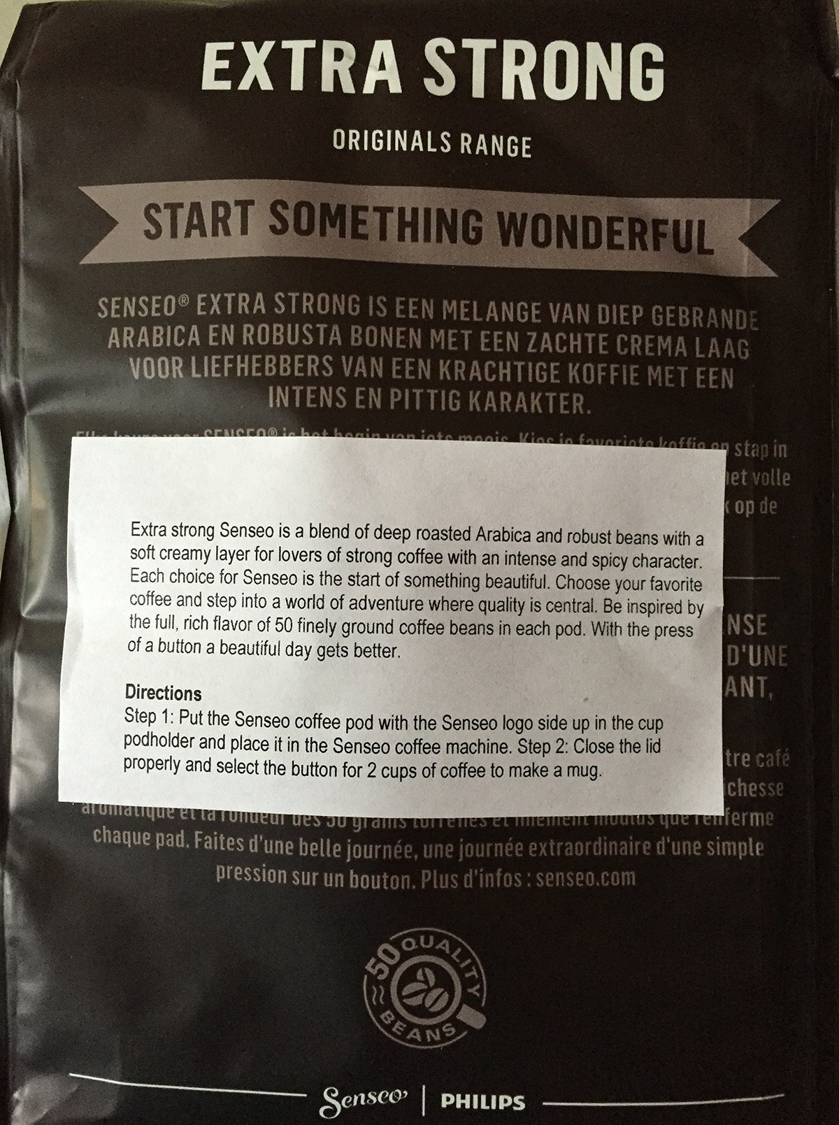 Senseo Extra Strong pods with espresso like crema in a home mug for rich flavor