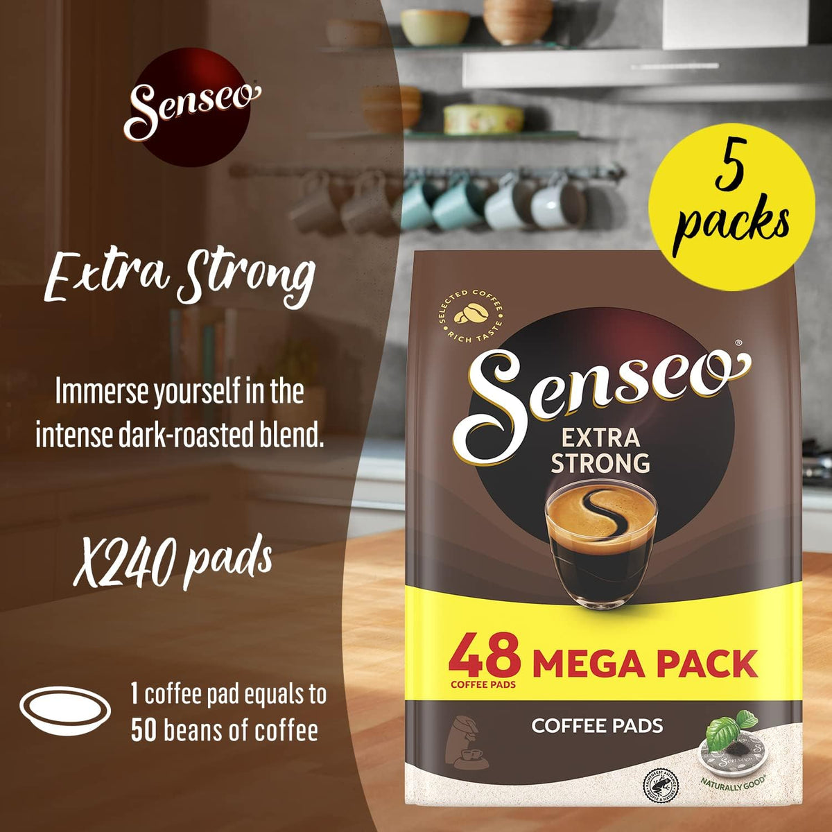 Senseo Extra Strong sealed bags show freshness and shelf stability.