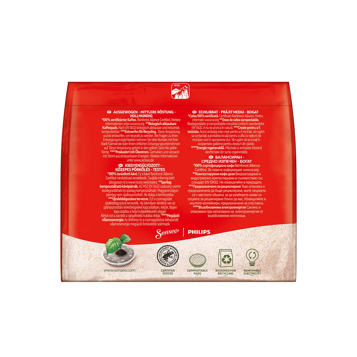 Senseo frustration-free packaging box emphasizing easy disposal.