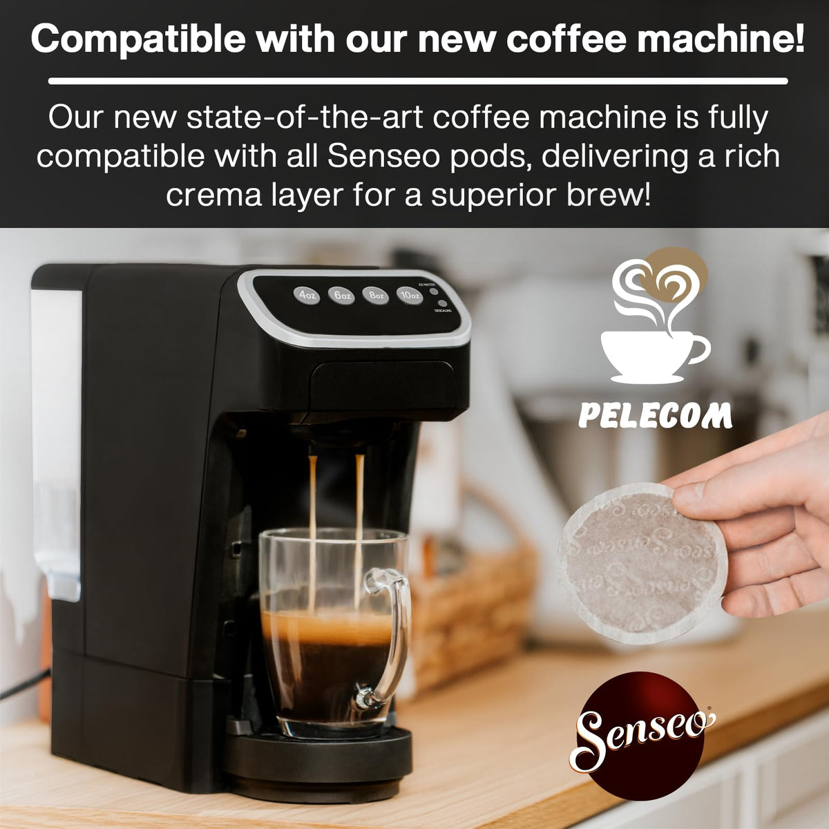 Senseo machine brewing a single-serve espresso quickly and cleanly.