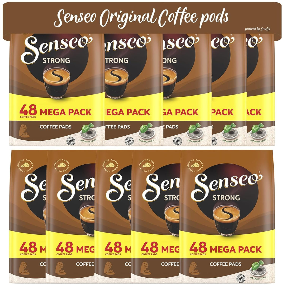 Senseo strong dark roast coffee pods box, bulk pack for Senseo machines.