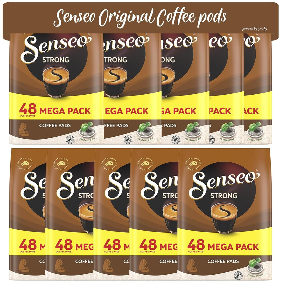 Senseo strong dark roast coffee pods box, bulk pack for Senseo machines.