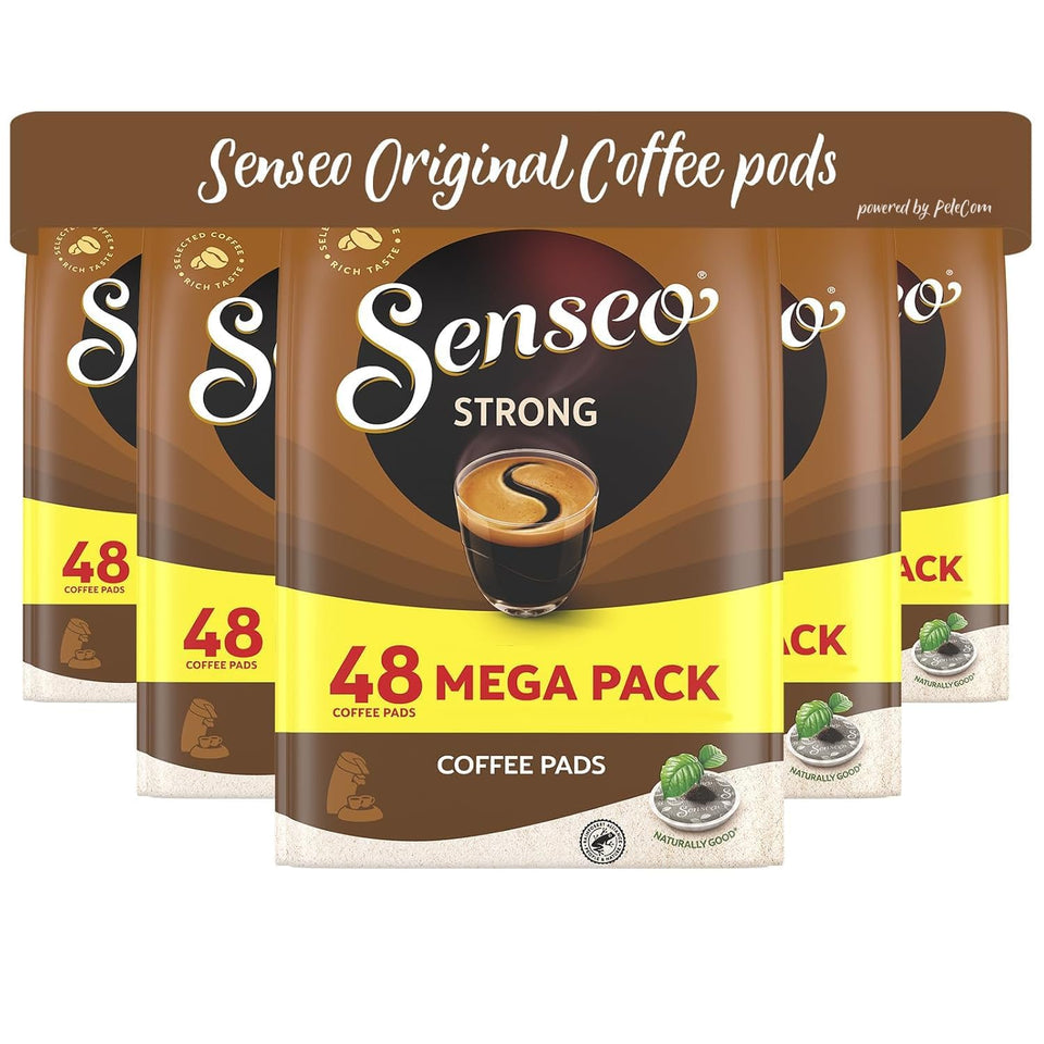 Senseo Strong Dark Roast coffee pods pack with bold flavor for home brewing.