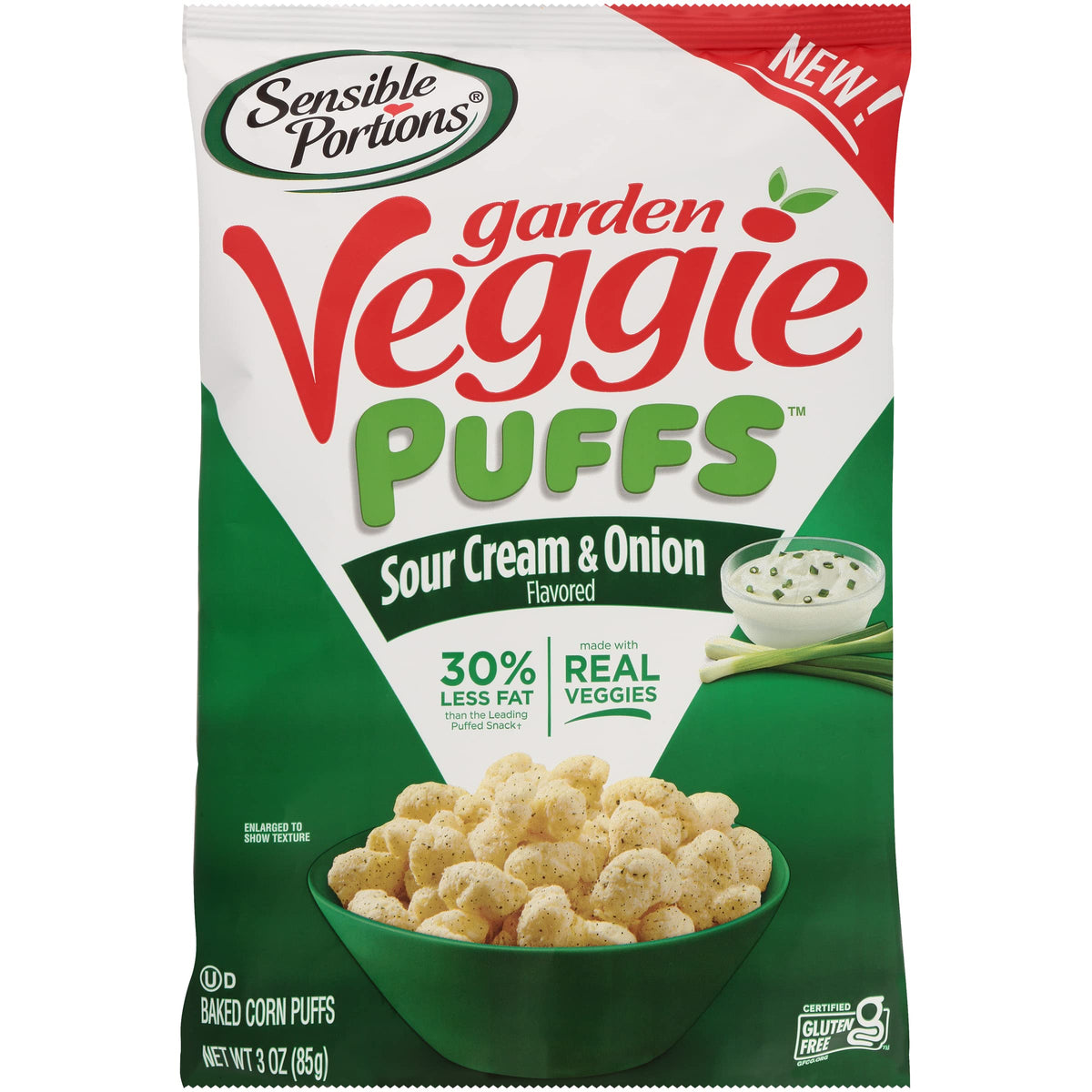 Sensible Portions Garden Veggie Puffs Sour Cream & Onion bag—gluten-free, non-GMO snack option.