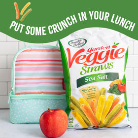 Sensible Portions garden veggie snacks on kitchen counter—family-friendly, portable snack for trips.