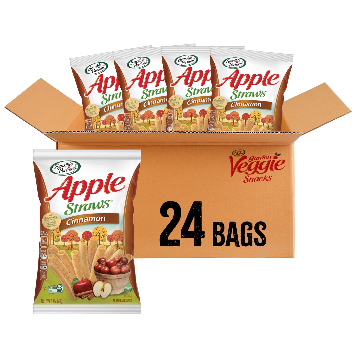 Sensible Portions Garden Veggie Snacks Apple Cinnamon 1oz pack for on-the-go snacking.