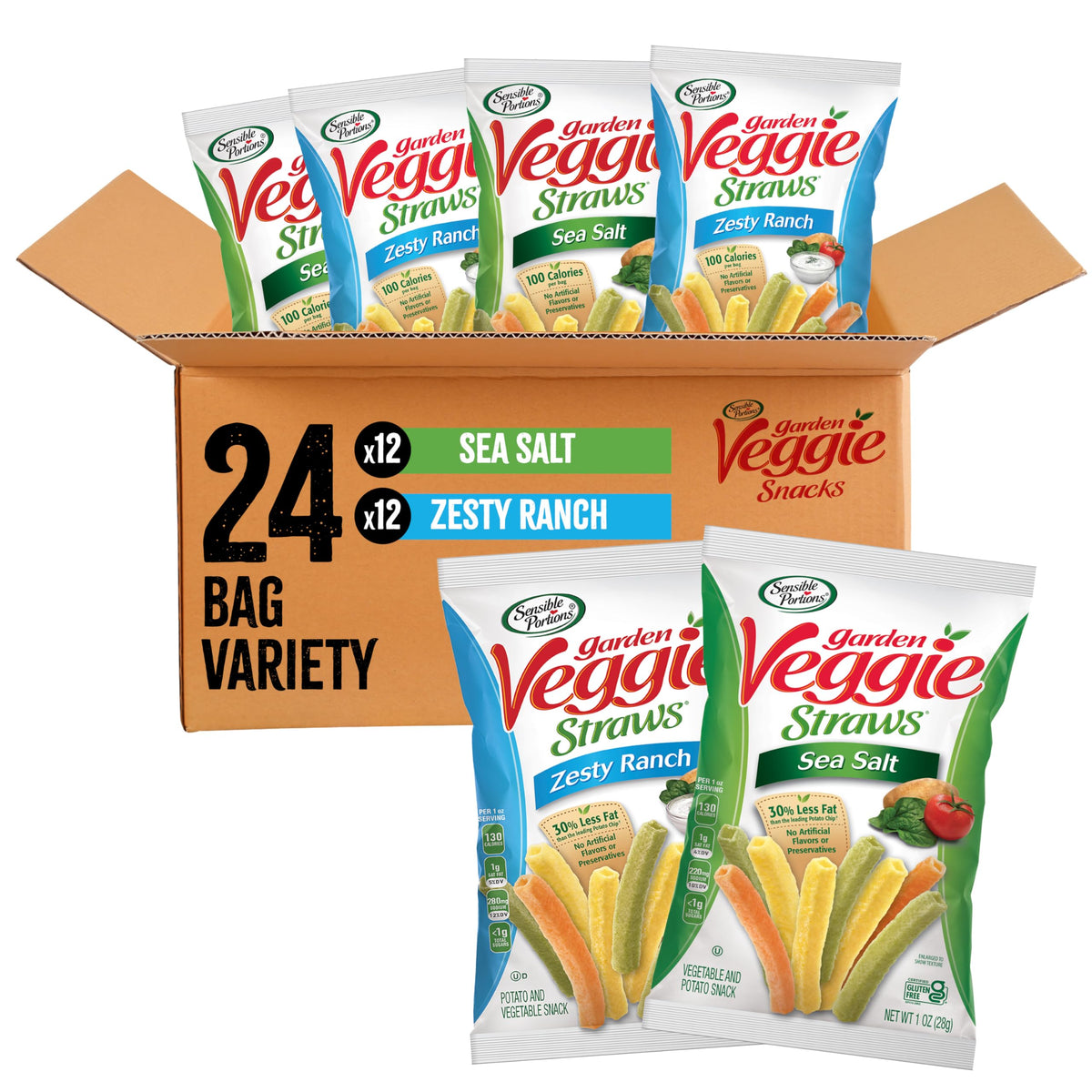 Sensible Portions Garden Veggie Snacks Sea Salt bag shows airy, crunchy veggie straws.