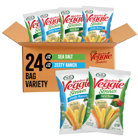 Sensible Portions Garden Veggie Snacks Sea Salt bag shows airy, crunchy veggie straws.