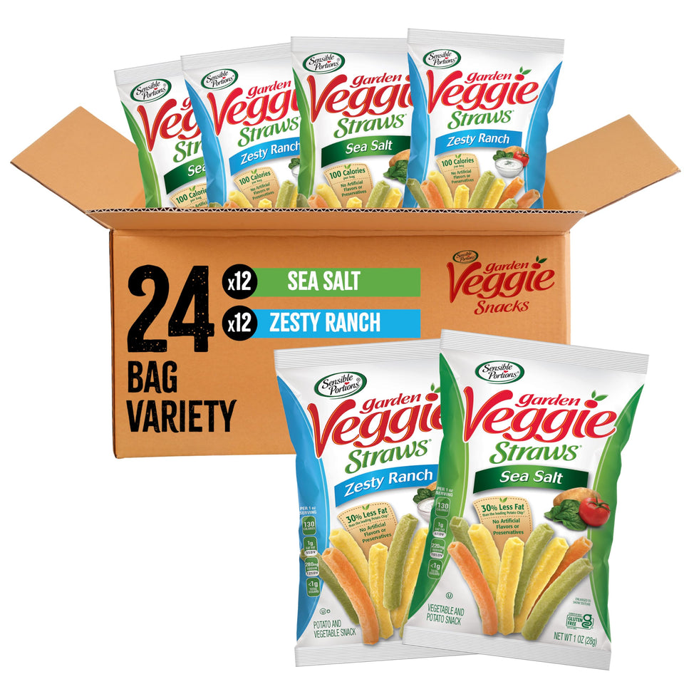 Sensible Portions Garden Veggie Snacks Sea Salt bag shows airy, crunchy veggie straws.