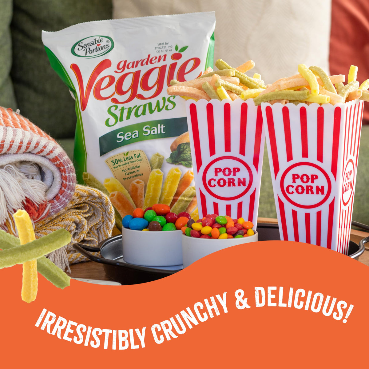 Sensible Portions veggie straws close-up—airy, crunchy bite with savory sea salt.