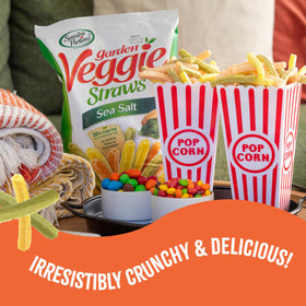 Sensible Portions veggie straws close-up—airy, crunchy bite with savory sea salt.