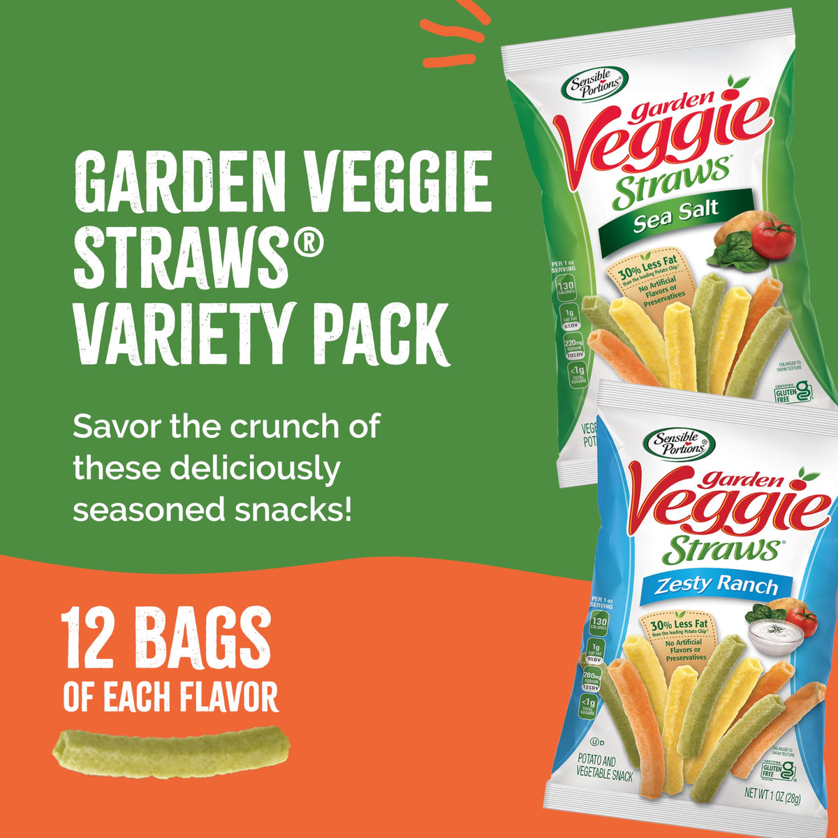 Sensible Portions Veggie Straws Zesty Ranch bag delivers bold flavor in a light bite.
