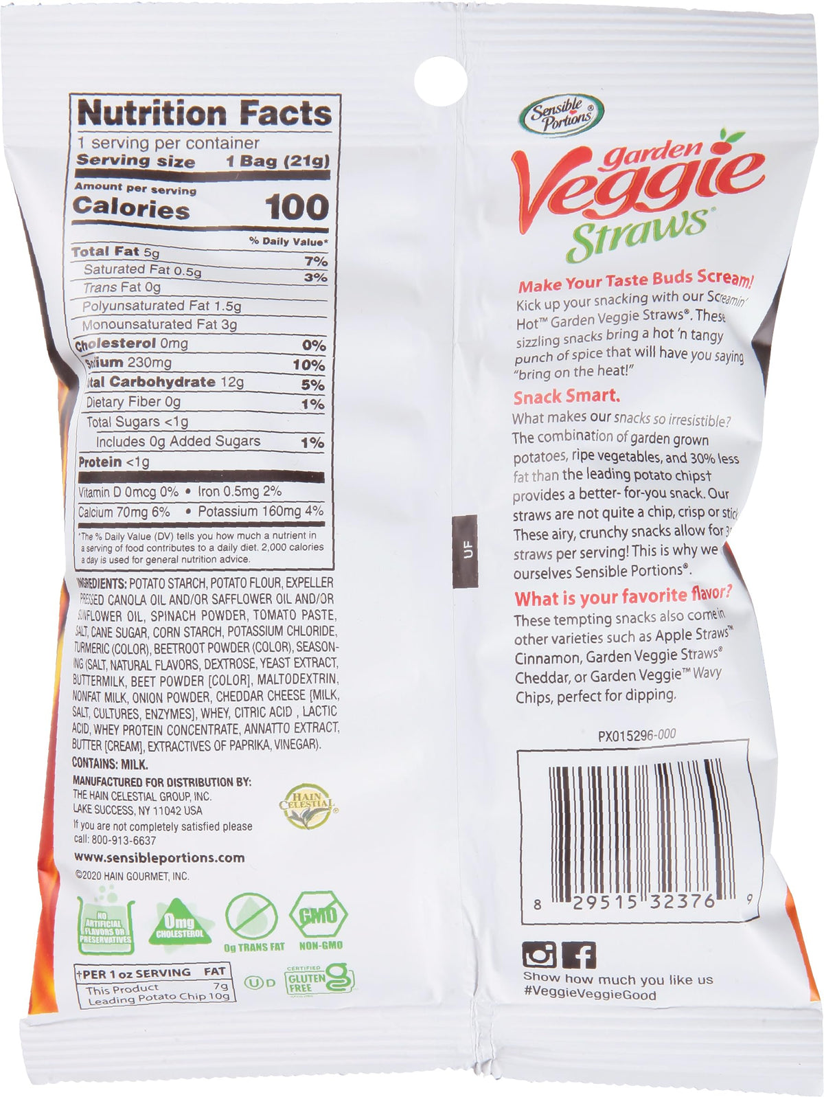 Close-up of Sensible Portions Garden Veggie Straws Screamin' Hot pack showing light, airy texture