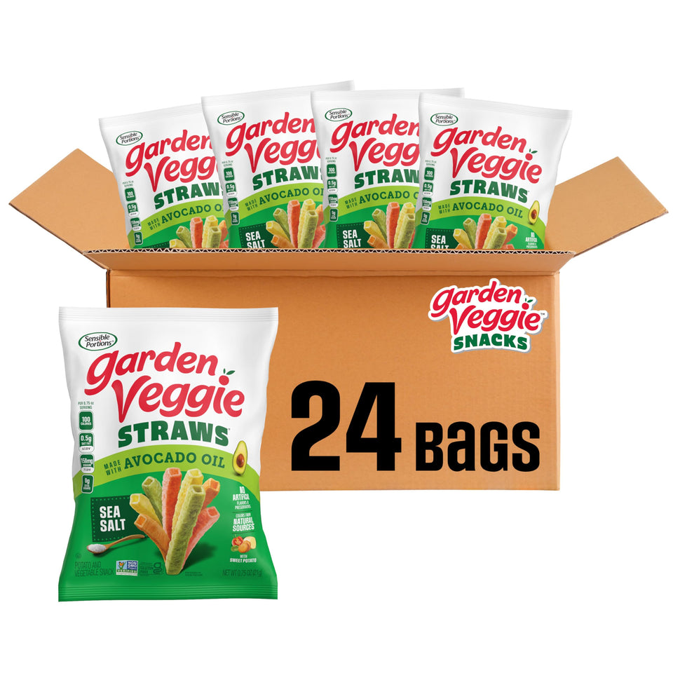 Sensible Portions Garden Veggie Straws sea salt bag showing crunchy, satisfying texture for on-the-go snacking