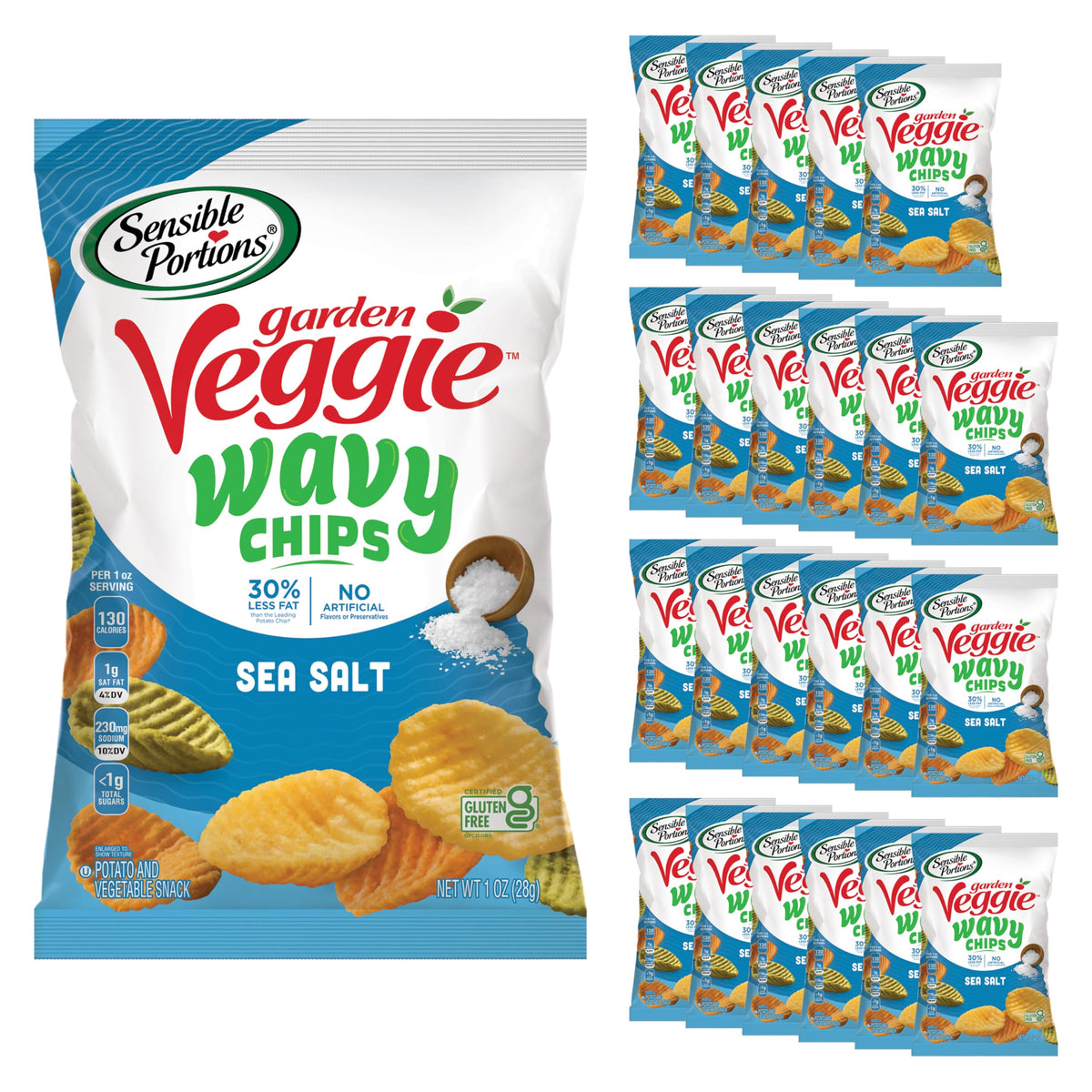 Sensible Portions Garden Veggie Wavy Chips Sea Salt 1oz pack for on-the-go snacking.