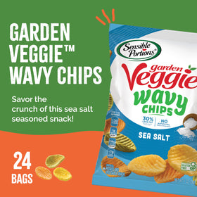 Sensible Portions Garden Veggie Wavy Chips Sea Salt bag closeup highlighting non-GMO ingredients.