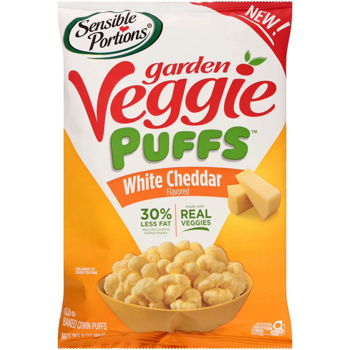 Sensible Portions Garden Veggie White Cheddar-flavored baked corn puffs, gluten-free snack for family-friendly munching.