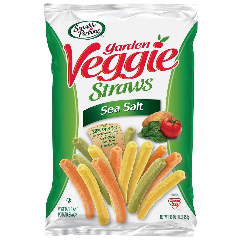 Sensible Portions Sea Salt Garden Veggie Straws bag shows crispy texture for a tasty, lighter snack.