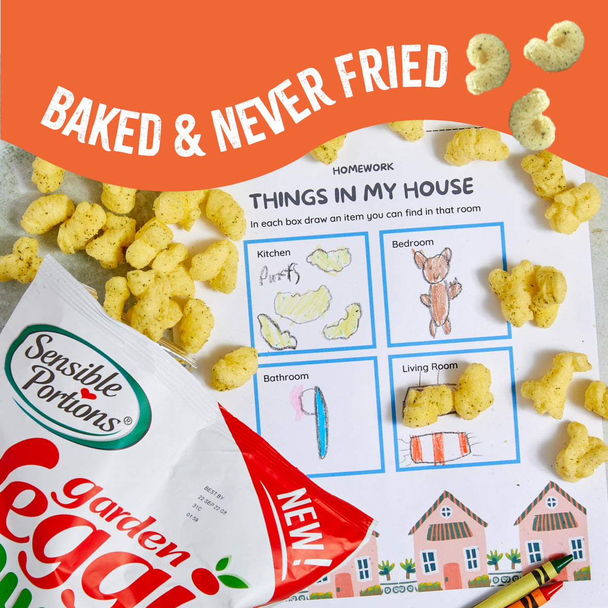 3.75-ounce Veggie Puffs bag on a table, easy to portion and pack.