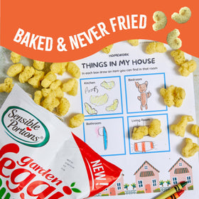 3.75-ounce Veggie Puffs bag on a table, easy to portion and pack.