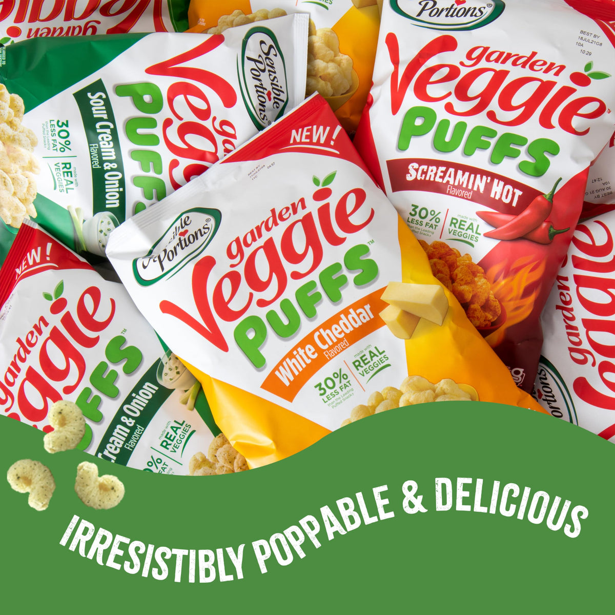 Serving suggestion shows Veggie Puffs with cheese and fruit for a balanced combo.