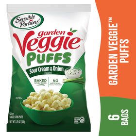 Lunchbox-ready Veggie Puffs pouch beside water, convenient for kids.