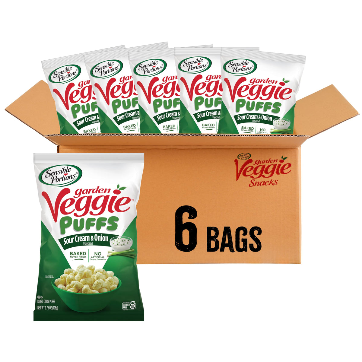 Sensible Portions Veggie Puffs bag with sour cream and onion seasoning, perfect for quick snacking.