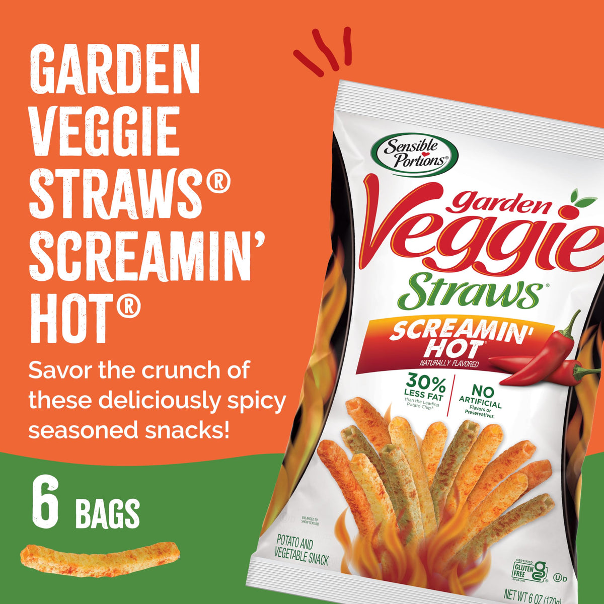 Sensible Portions Veggie Straws Screamin' Hot crunch close-up, ready for lunchboxes