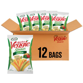 Sensible Portions Veggie Straws sea salt bag closeup, gluten-free and kosher-friendly crunchy snack.