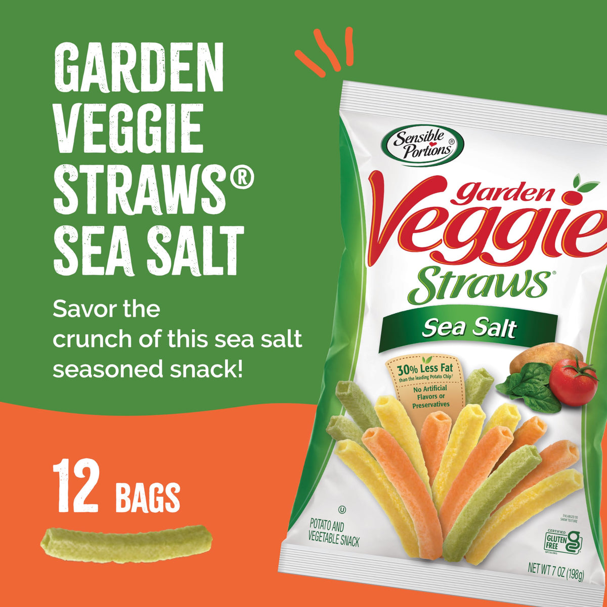 Sensible Portions Veggie Straws Sea Salt pack on table, ideal for lunchboxes and gatherings.