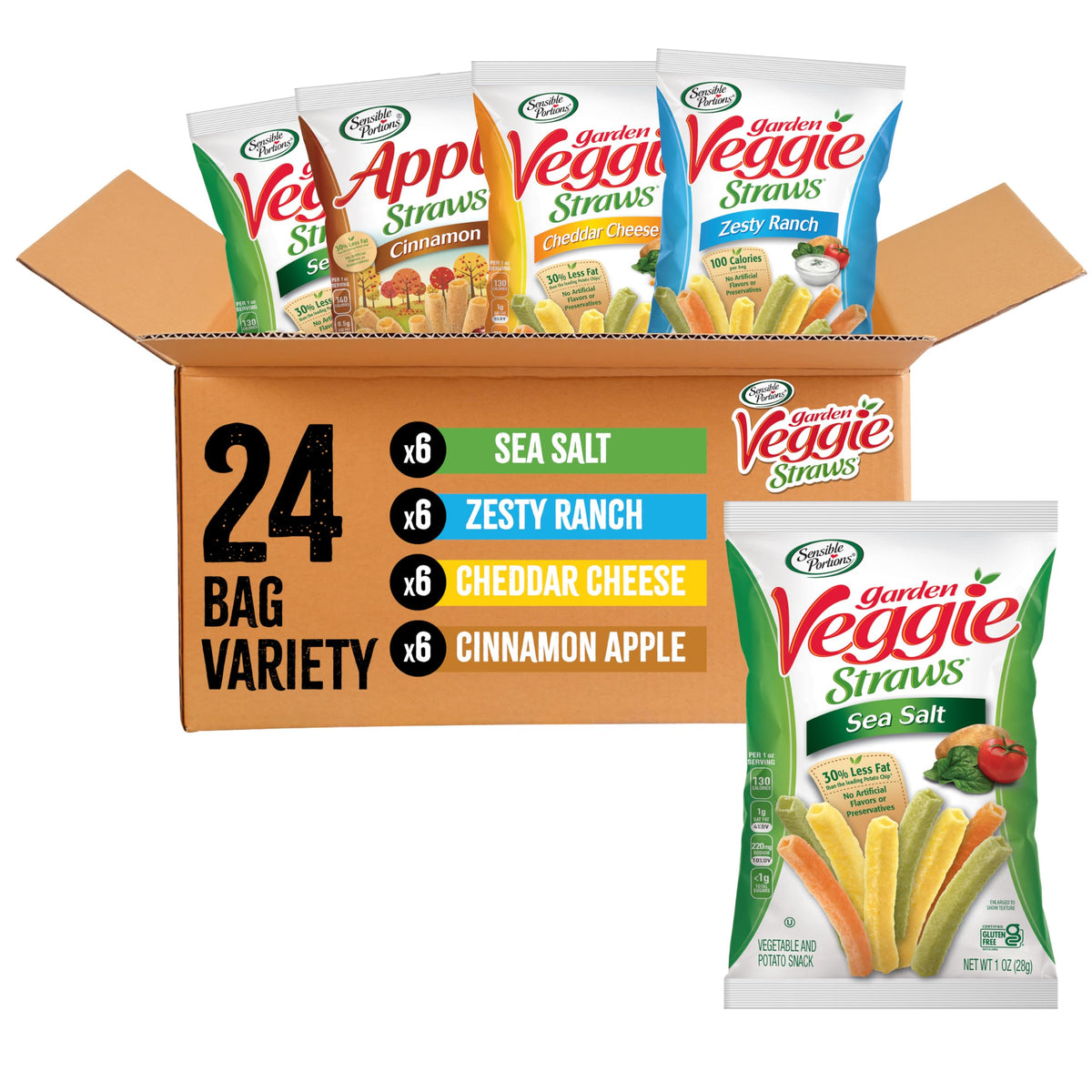 Sensible Portions Veggie Straws Sea Salt: light, crispy snack with less fat than potato chips