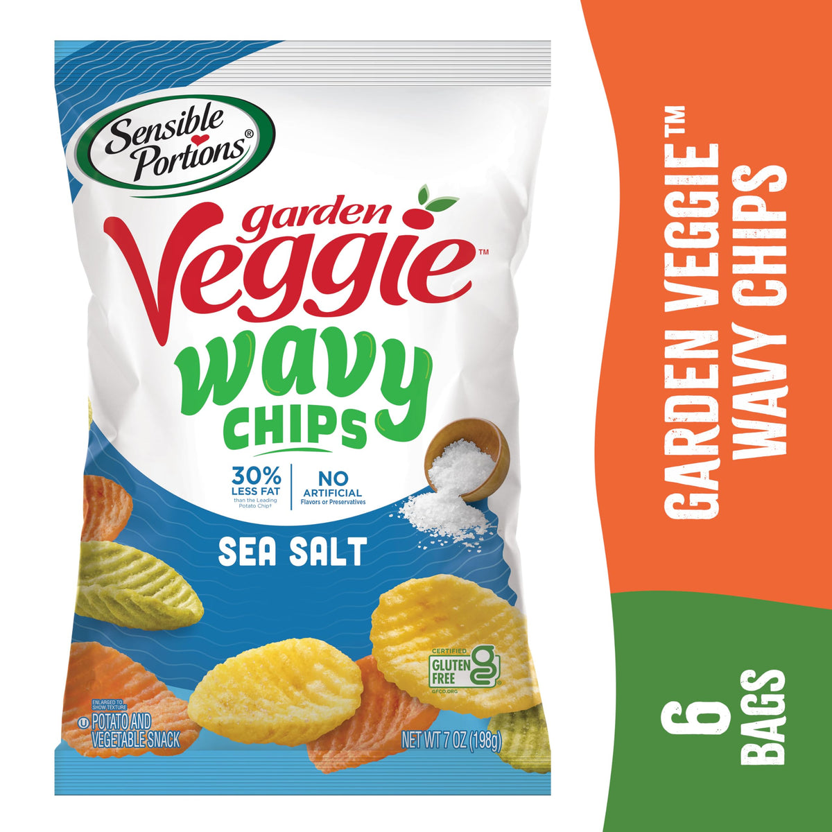 Sensible Portions Veggie Wavy Chips on kitchen counter, ready to snack