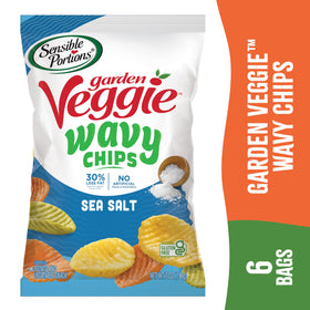 Sensible Portions Veggie Wavy Chips on kitchen counter, ready to snack