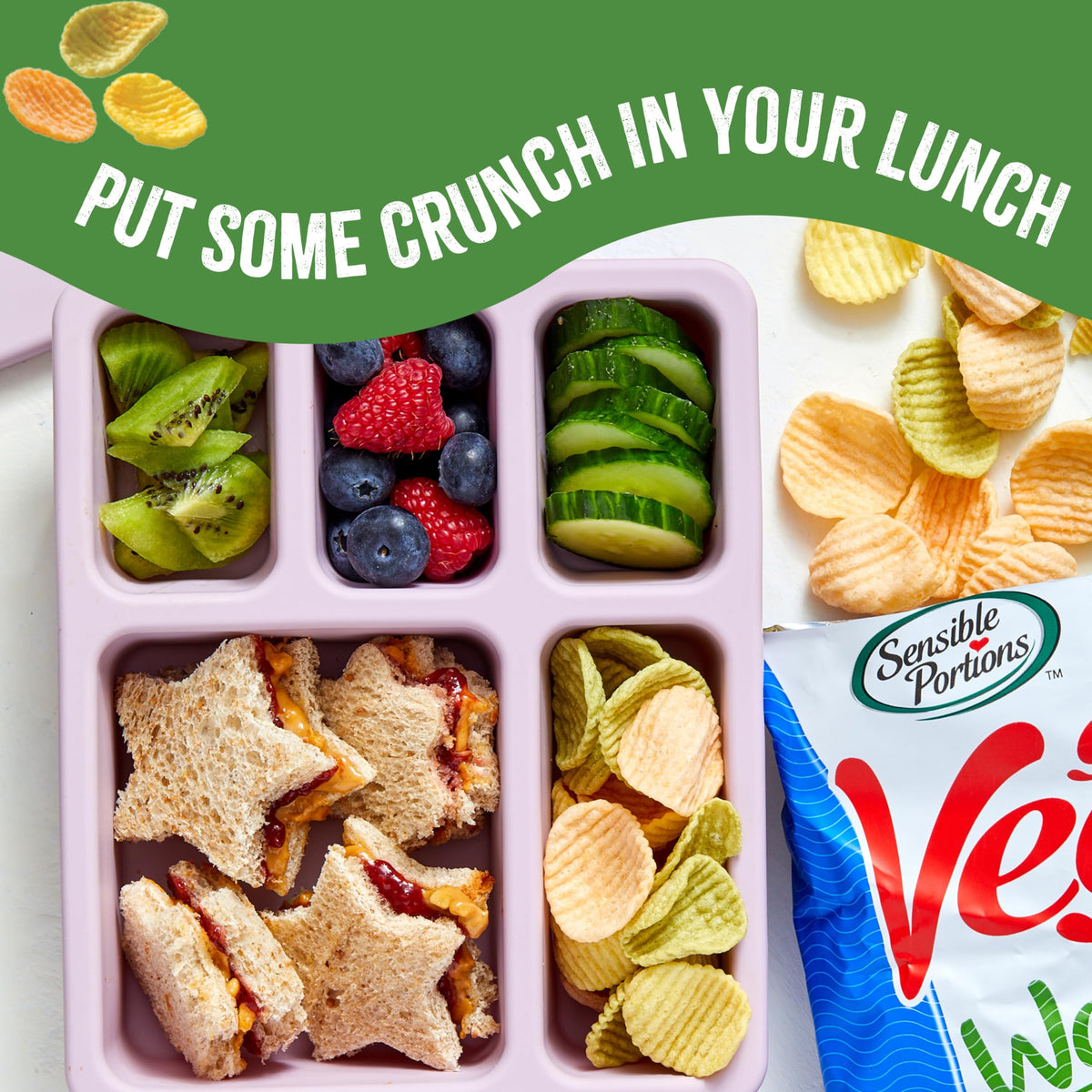 Sensible Portions Veggie Wavy Chips on a party platter, crowd-pleasing crunch