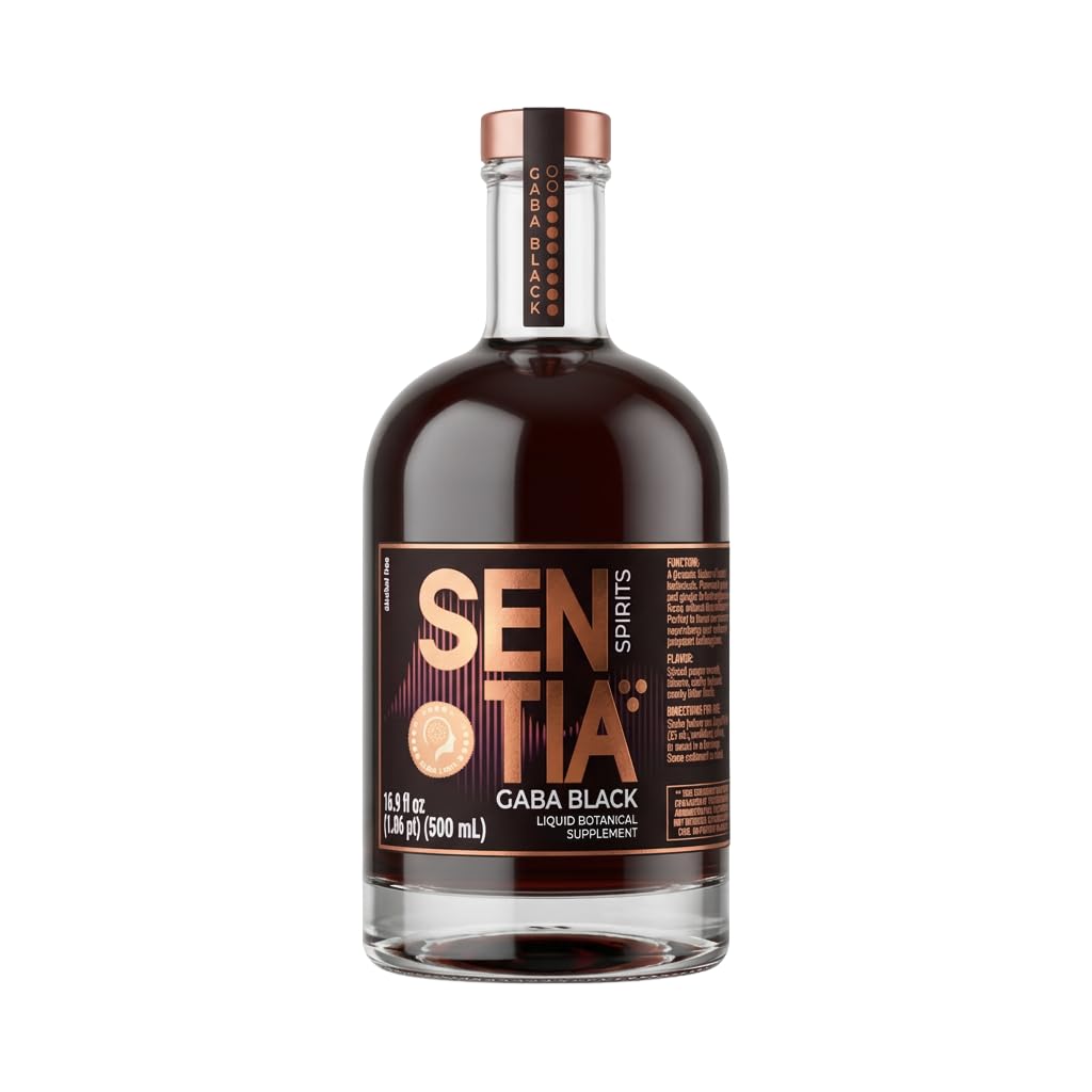 Sentia Gaba Black bottle front with smoky botanicals for refined non-alcoholic sipping.
