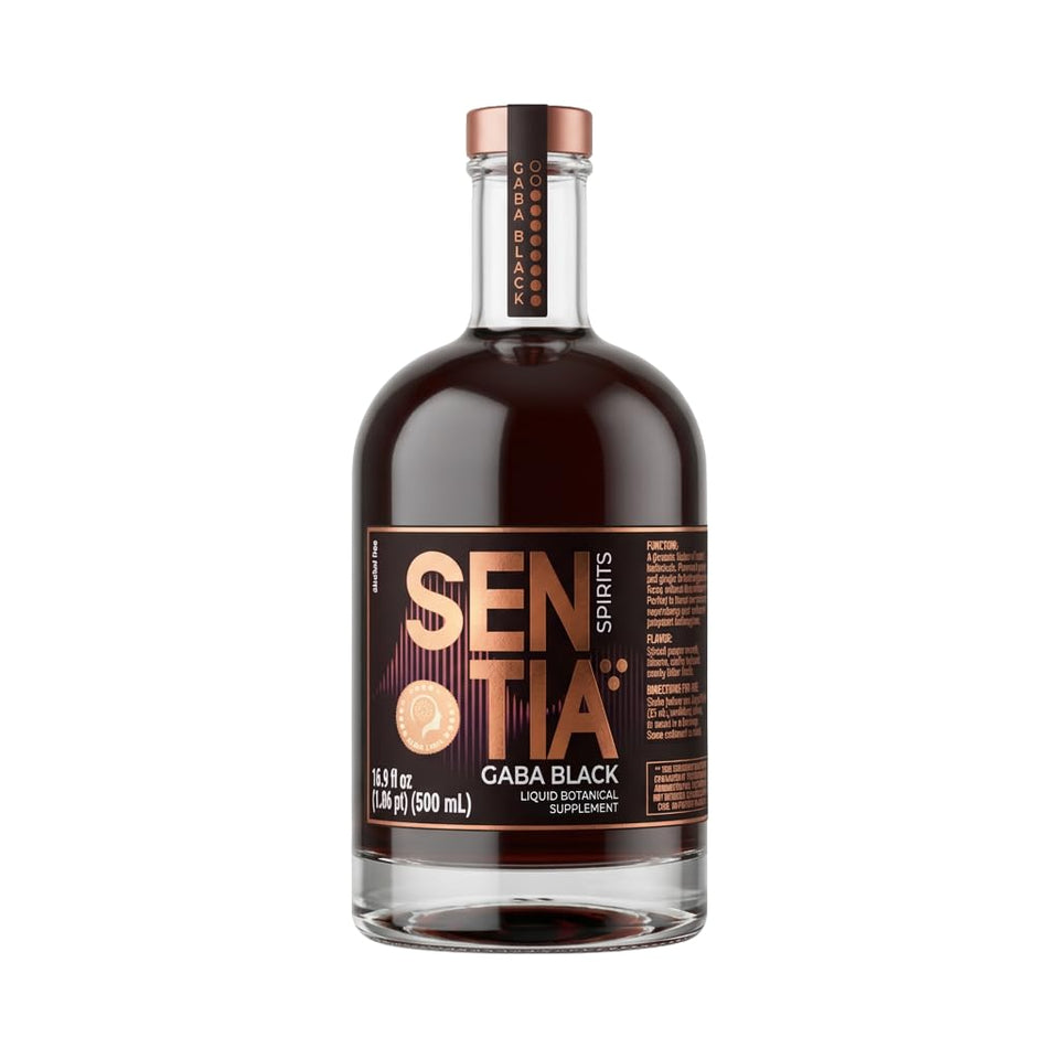 Sentia Gaba Black bottle front with smoky botanicals for refined non-alcoholic sipping.
