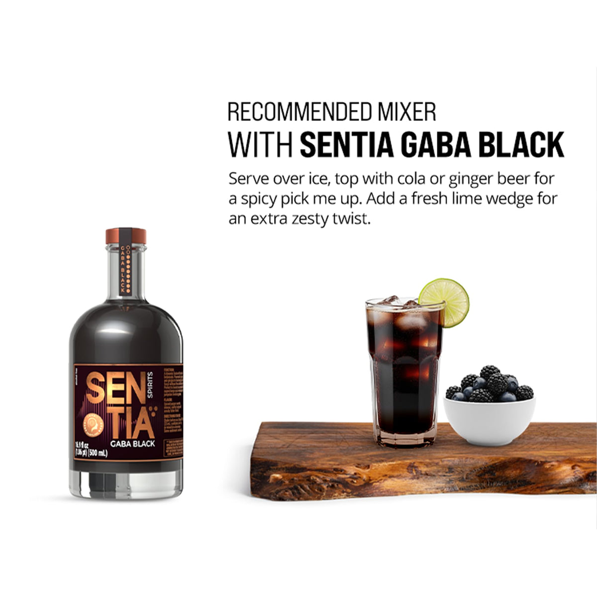 Sentia Gaba Black mocktail setup with ginger ale emphasizes versatile social drinks.