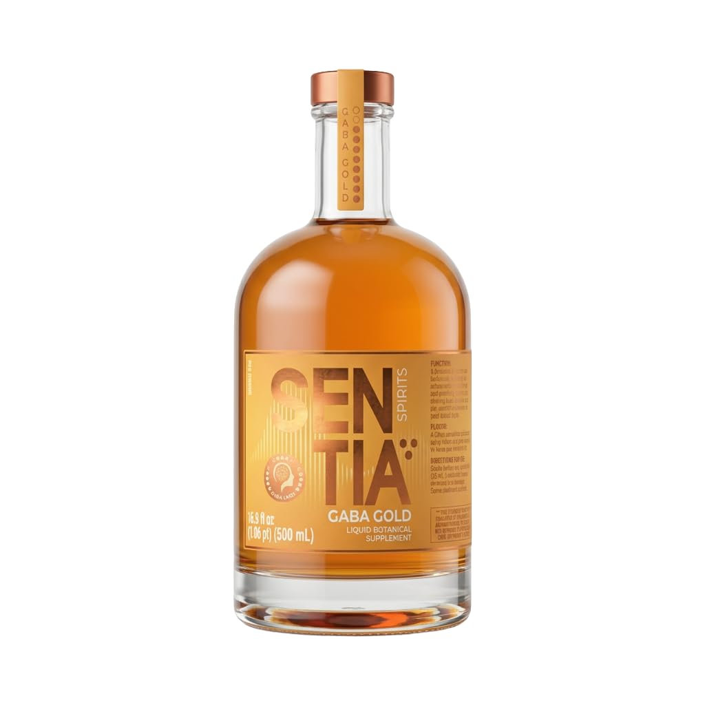 Sentia Gaba Gold bottle showcases citrus ginger flavor for a zero-proof refresh.