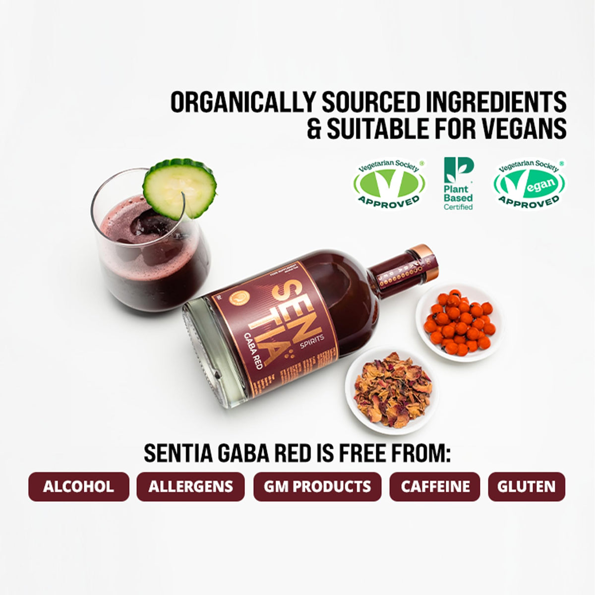 Sentia Gaba Red bottle pour over ice, suggesting a low-calorie mocktail option.