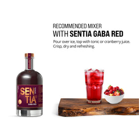 Sentia Gaba Red glass with colorful mocktail, showcasing complex bittersweet berry notes.