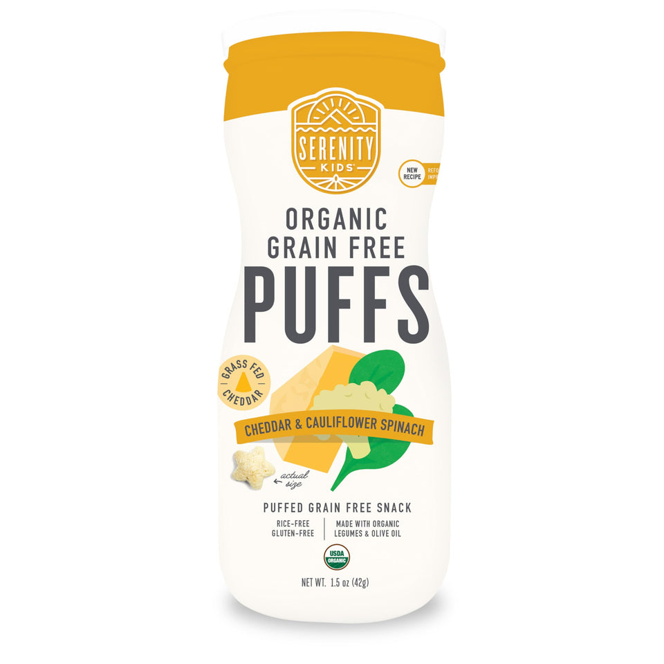 Serenity Kids white cheddar cauliflower spinach puffs product shot, gluten-free toddler snack.