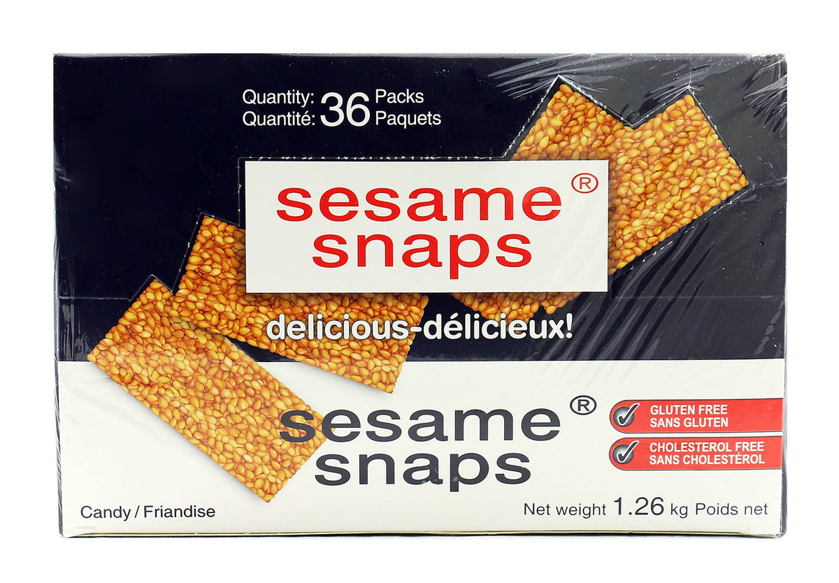 Sesame Snaps box display with 36-pack bundle for easy pantry access