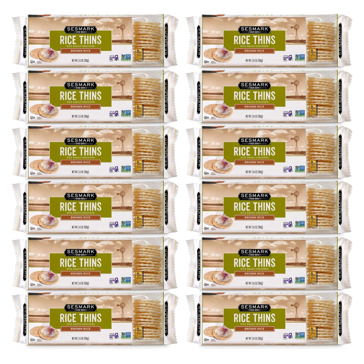 Sesmark gluten-free brown rice thins pack, a crisp, satisfying snack option.