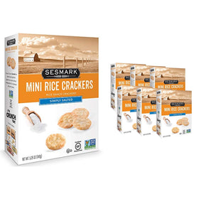 Sesmark Mini Rice Crackers Simply Salted box front, gluten-free and Non-GMO verified snack