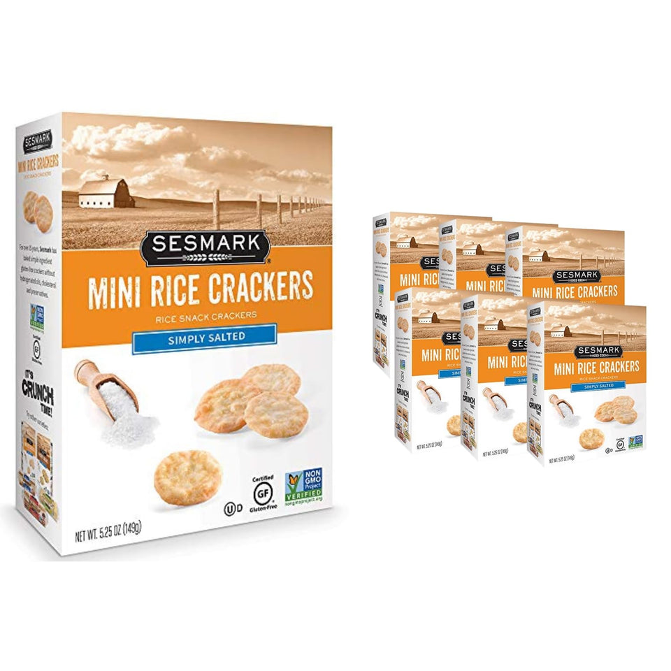 Sesmark Mini Rice Crackers Simply Salted box front, gluten-free and Non-GMO verified snack
